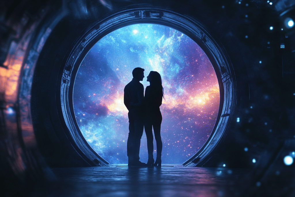 Hero and heroine of a SF romance novel standing in front of field of stars.